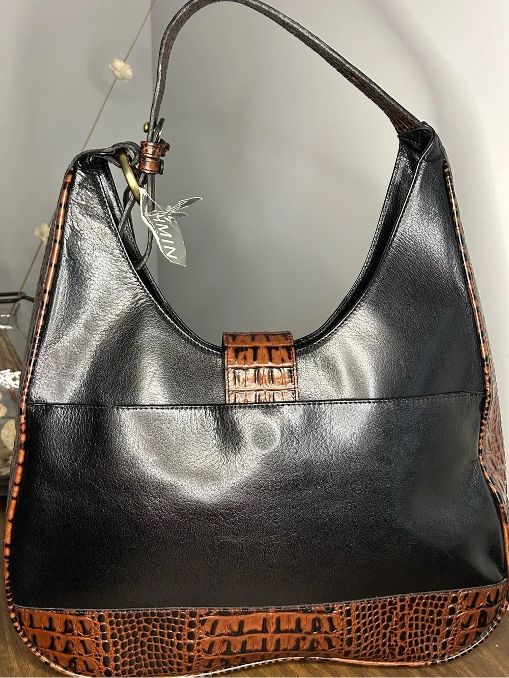 Brahmin Maggie Black Tuscan Croc Embossed Leather Hobo Shoulder Bag